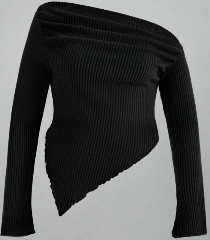 Solid Asymmetrical Neck Lettuce Trim Long Sleeve Top