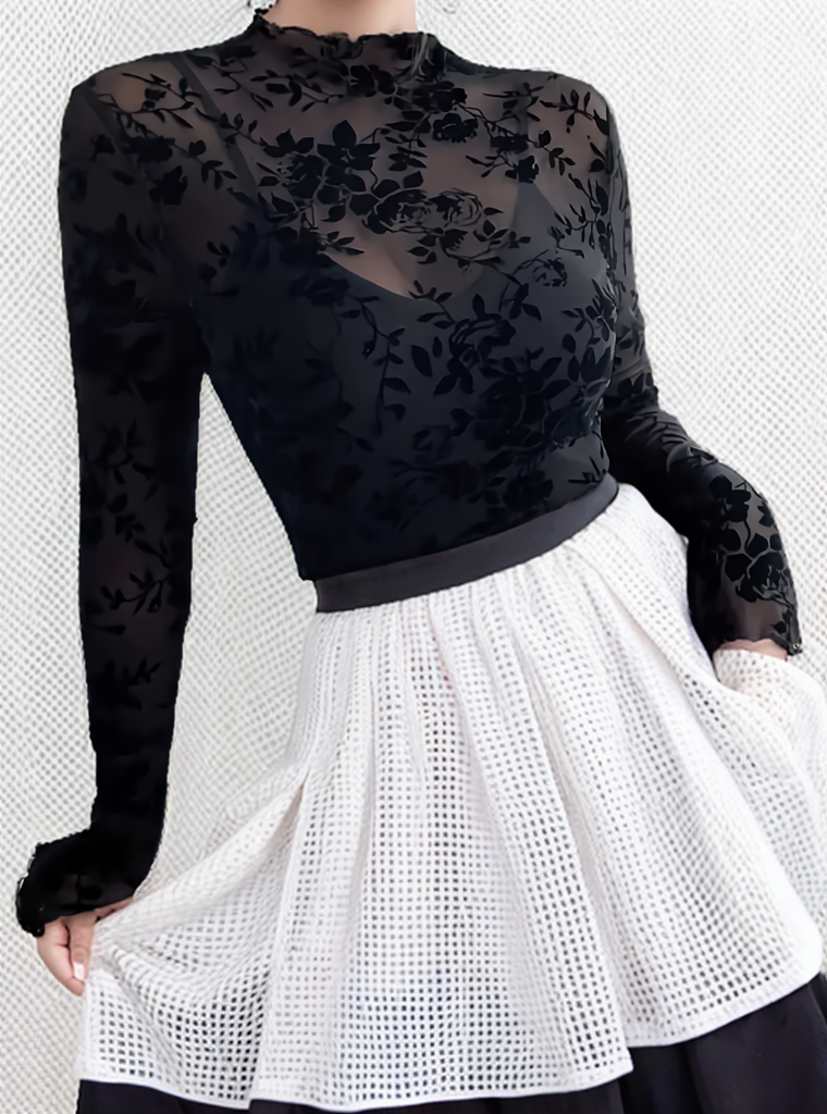 Long Sleeve Mesh Transparent Floral Blouse