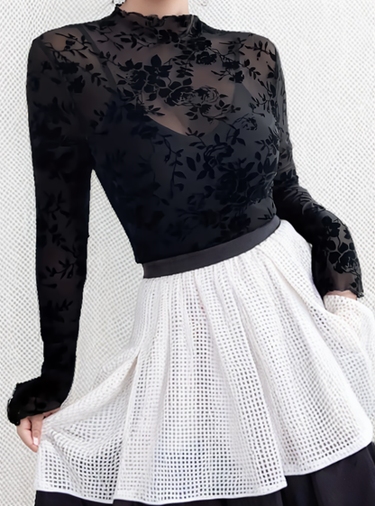 Long Sleeve Mesh Transparent Floral Blouse