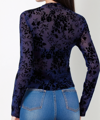 Long Sleeve Mesh Transparent Floral Blouse