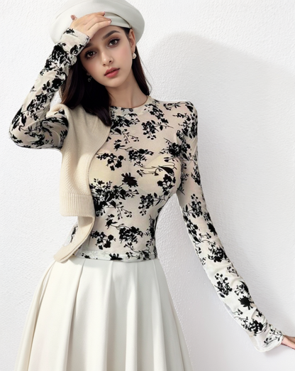 Long Sleeve Mesh Transparent Floral Blouse