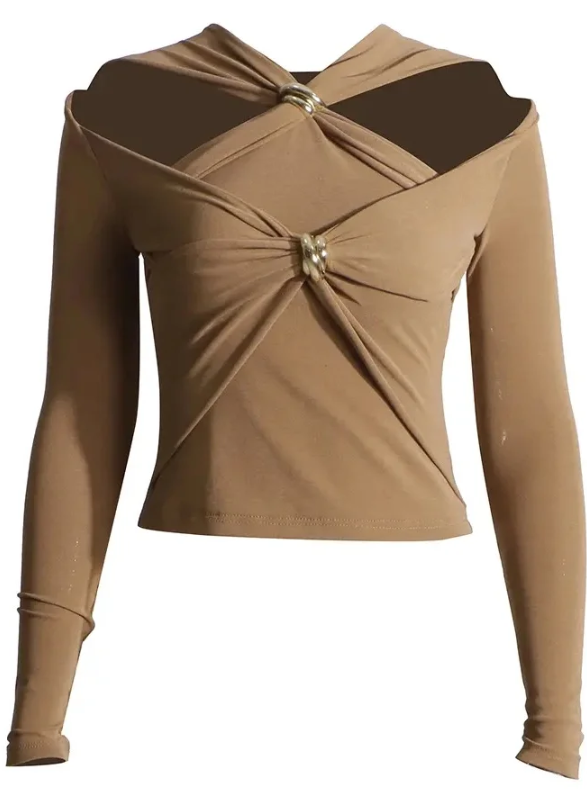 Solid Color Twist Front Cutout Long Sleeve Cropped Fitted Top