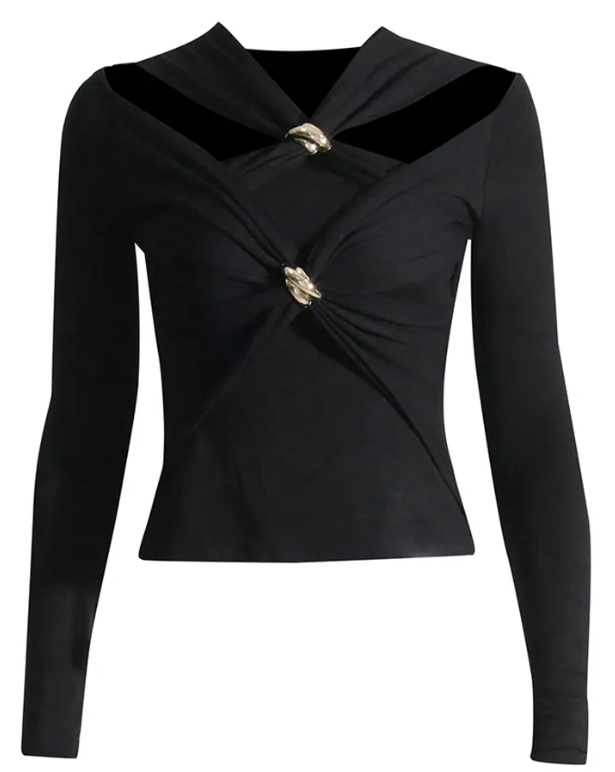 Solid Color Twist Front Cutout Long Sleeve Cropped Fitted Top