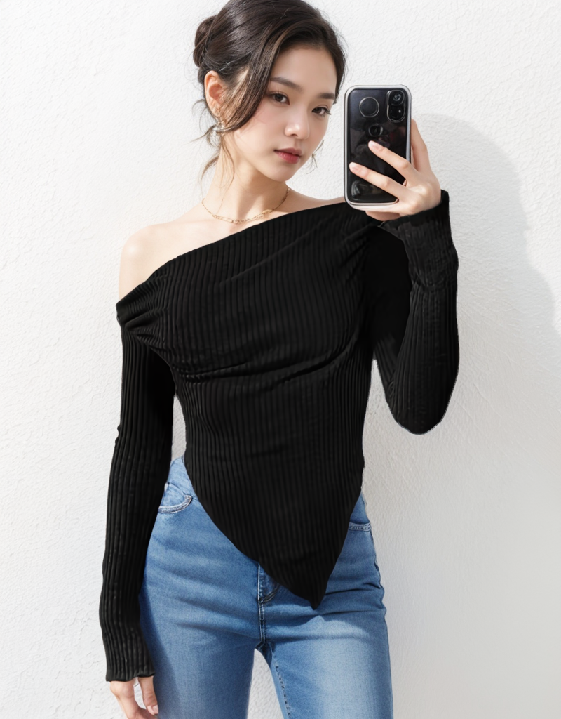 Solid Asymmetrical Neck Lettuce Trim Long Sleeve Top