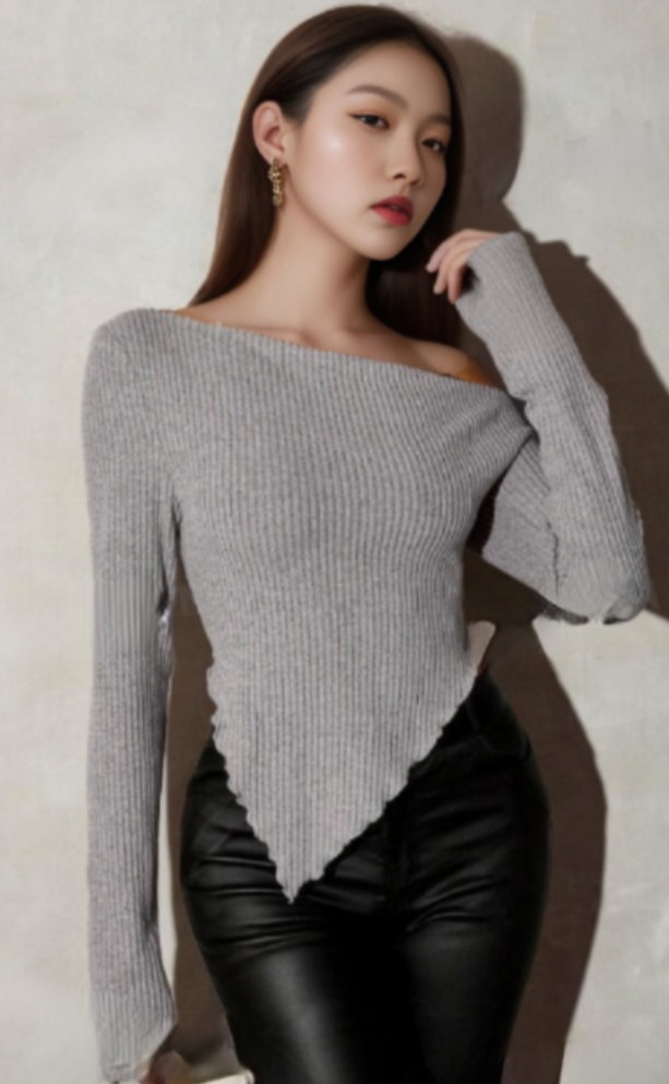 Solid Asymmetrical Neck Lettuce Trim Long Sleeve Top