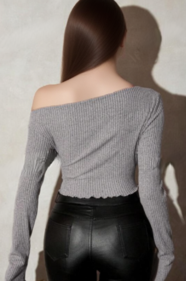 Solid Asymmetrical Neck Lettuce Trim Long Sleeve Top